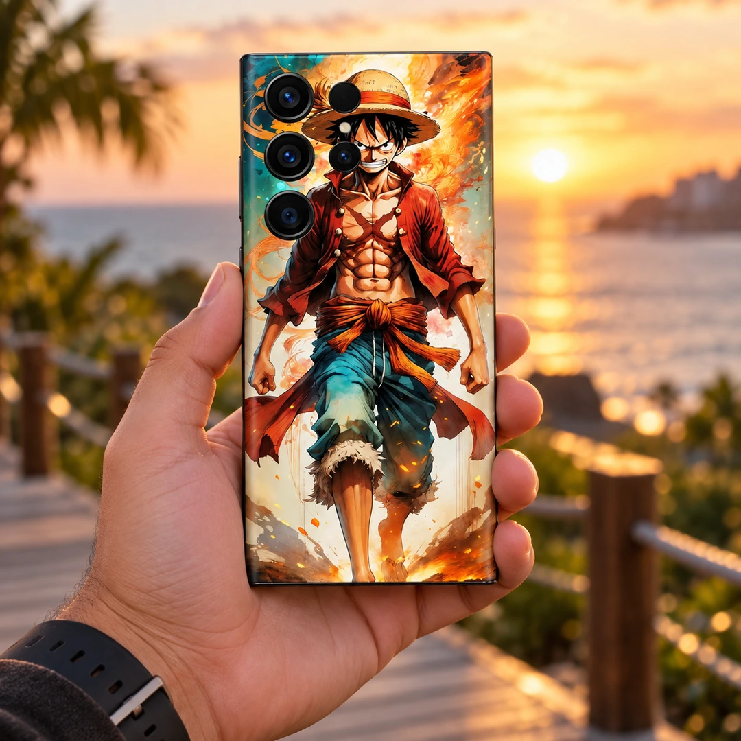 Angry Luffy Mobile Skin - Coastal Handheld Angry Luffy mobile skin with straw hat and red shirt, coastal handheld view