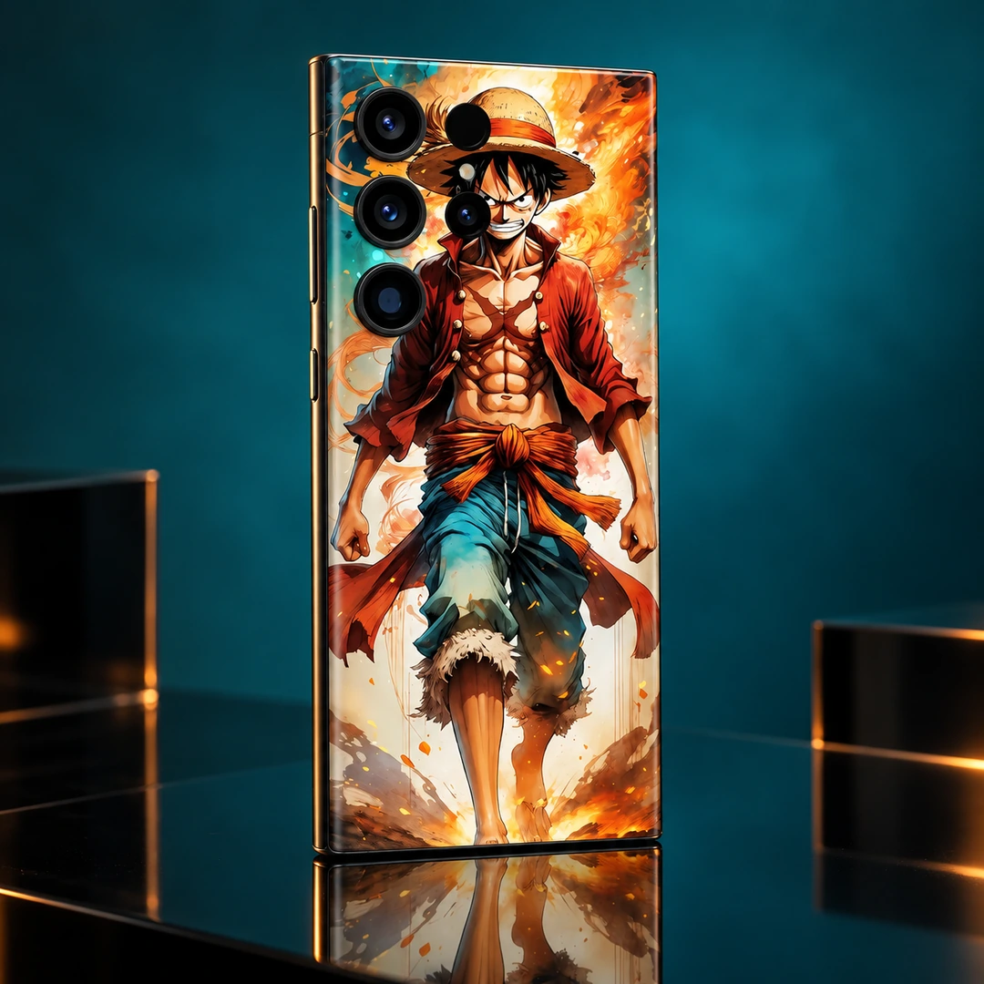 Angry Luffy Mobile Skin - Teal Reflective Studio Angry Luffy mobile skin with straw hat and red shirt, teal reflective studio view