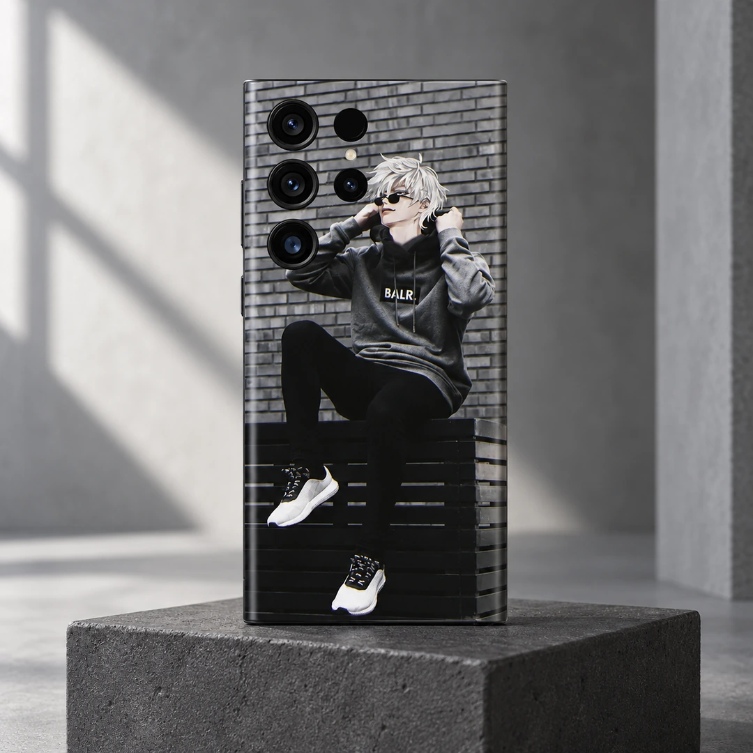 Anime Boy Streetwear Mobile Skin - Concrete studio hero Anime Boy Streetwear Mobile Skin shown upright on a concrete block in a grey studio
