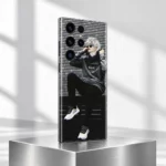 Anime Boy Streetwear Mobile Skin shown at an angle on a brushed silver plinth