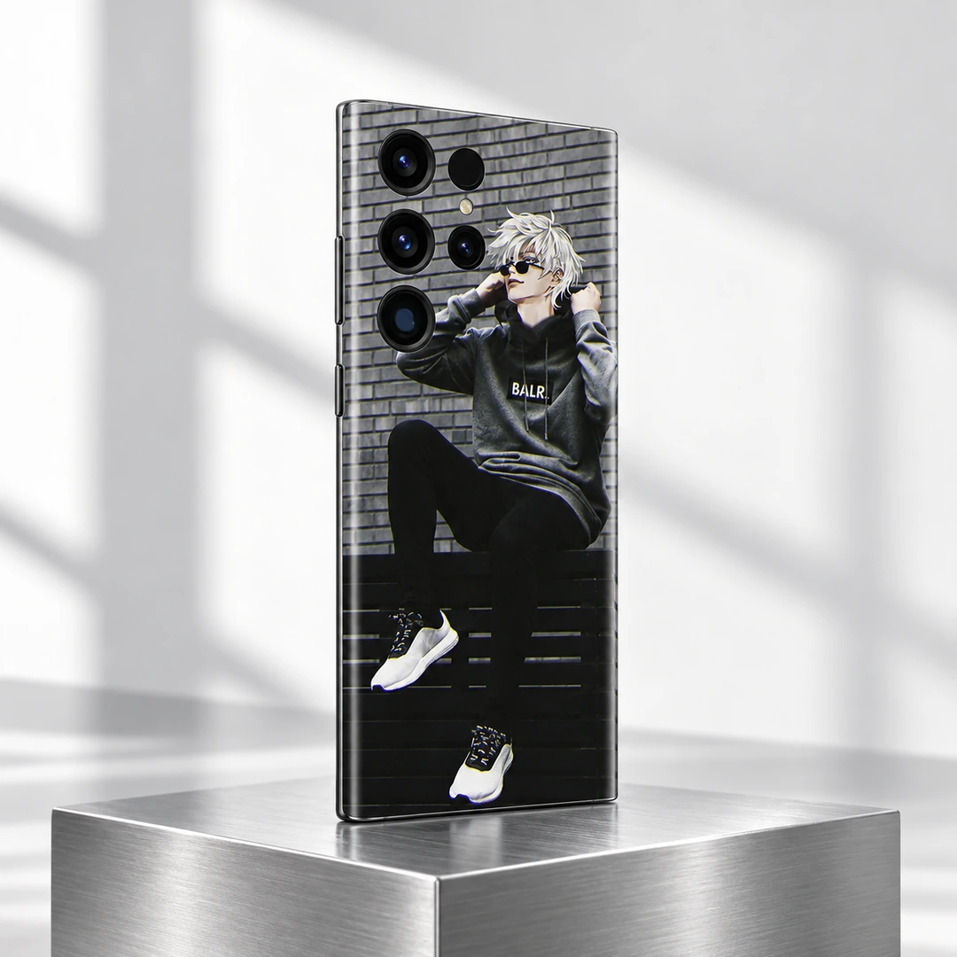 Anime Boy Streetwear Mobile Skin - Silver plinth angle Anime Boy Streetwear Mobile Skin shown at an angle on a brushed silver plinth