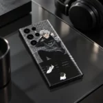 Anime Boy Streetwear Mobile Skin shown diagonally on a smoked glass desk