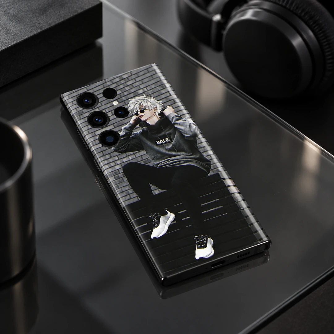 Anime Boy Streetwear Mobile Skin - Smoked glass desk view Anime Boy Streetwear Mobile Skin shown diagonally on a smoked glass desk
