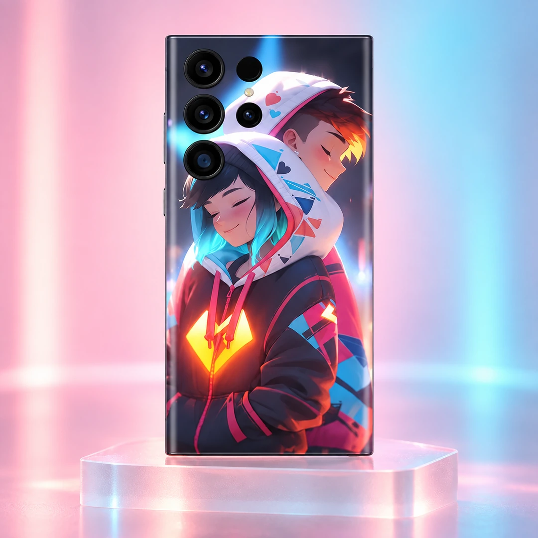 Anime Couple in Love Hoodie Mobile Skin - Pastel studio hero Anime Couple in Love Hoodie Mobile Skin, pastel studio hero