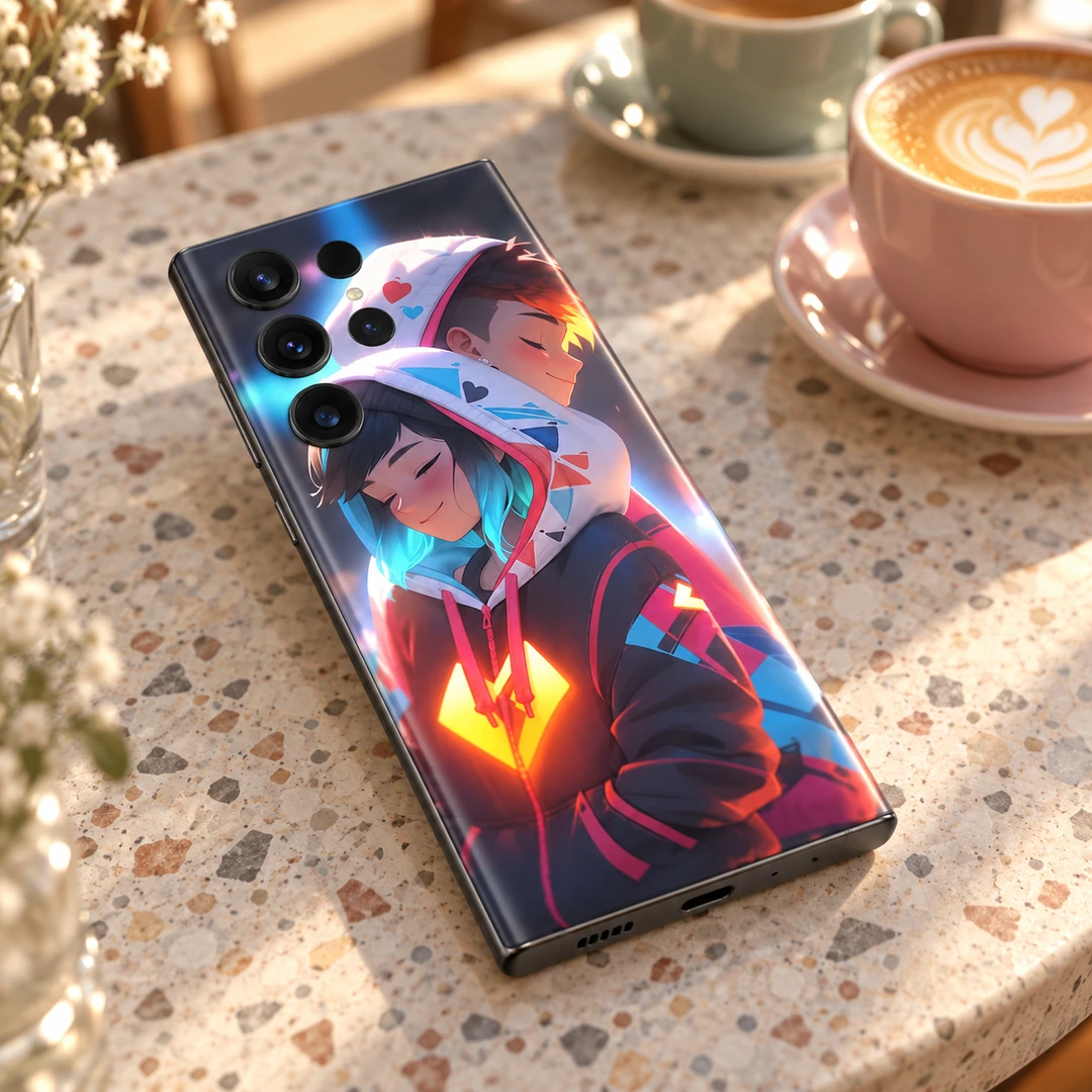 Anime Couple in Love Hoodie Mobile Skin - Cafe table angle Anime Couple in Love Hoodie Mobile Skin, cafe table angle