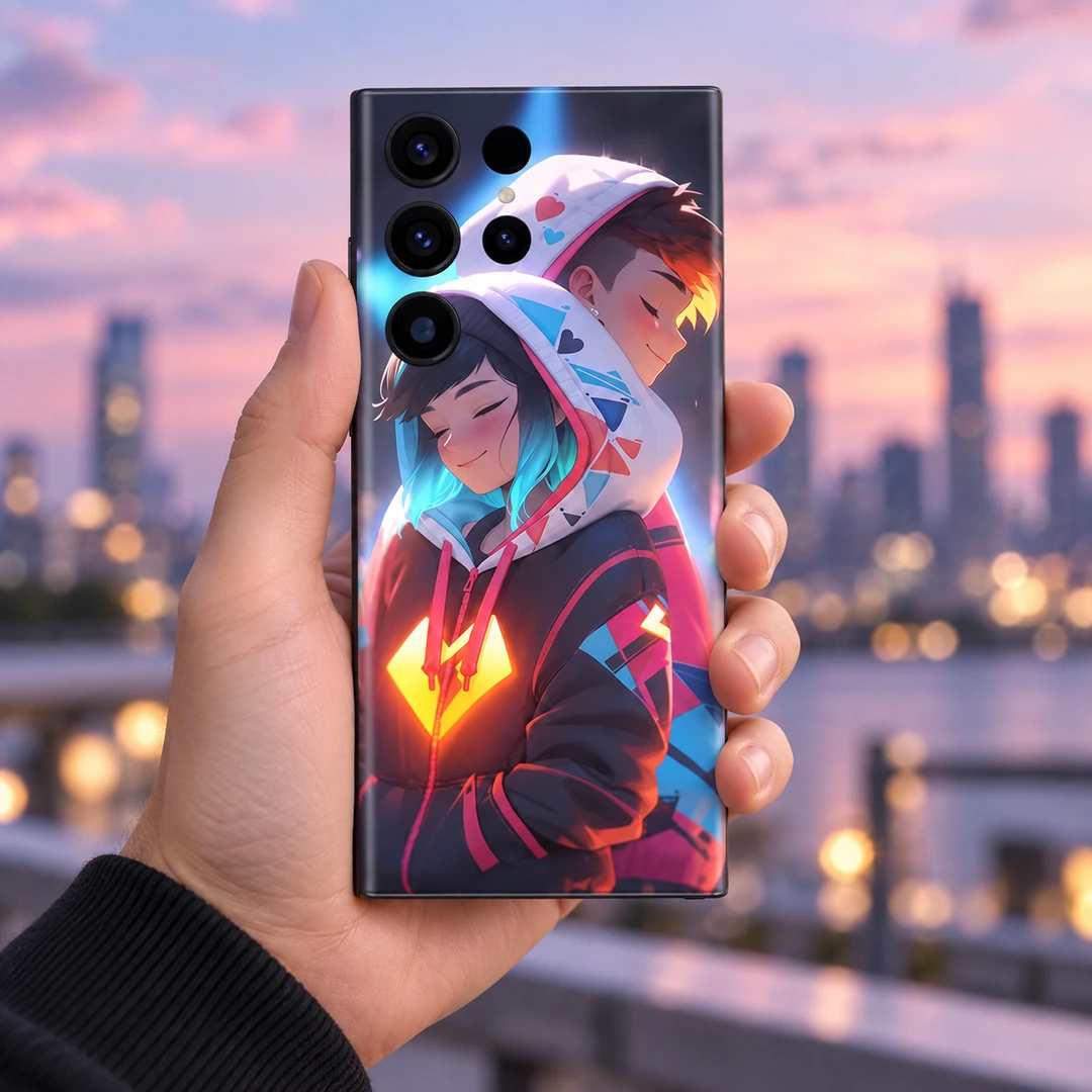 Anime Couple in Love Hoodie Mobile Skin - Dusk handheld view Anime Couple in Love Hoodie Mobile Skin, dusk handheld view