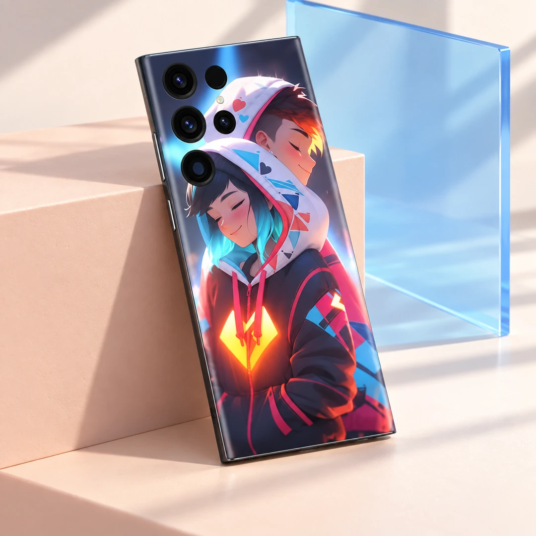 Anime Couple in Love Hoodie Mobile Skin - Daylight pastel block angle Anime Couple in Love Hoodie Mobile Skin, daylight pastel block angle