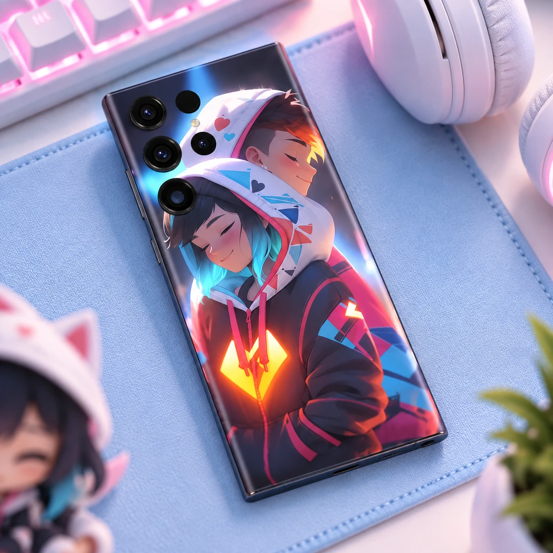 Anime Couple in Love Hoodie Mobile Skin - Cozy gaming desk view Anime Couple in Love Hoodie Mobile Skin, cozy gaming desk view