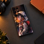 Anime Girl Mobile Skin with amber portrait and red backpack, overhead dark desk view
