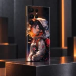 Anime Girl Mobile Skin with amber portrait and red backpack, angled metal display