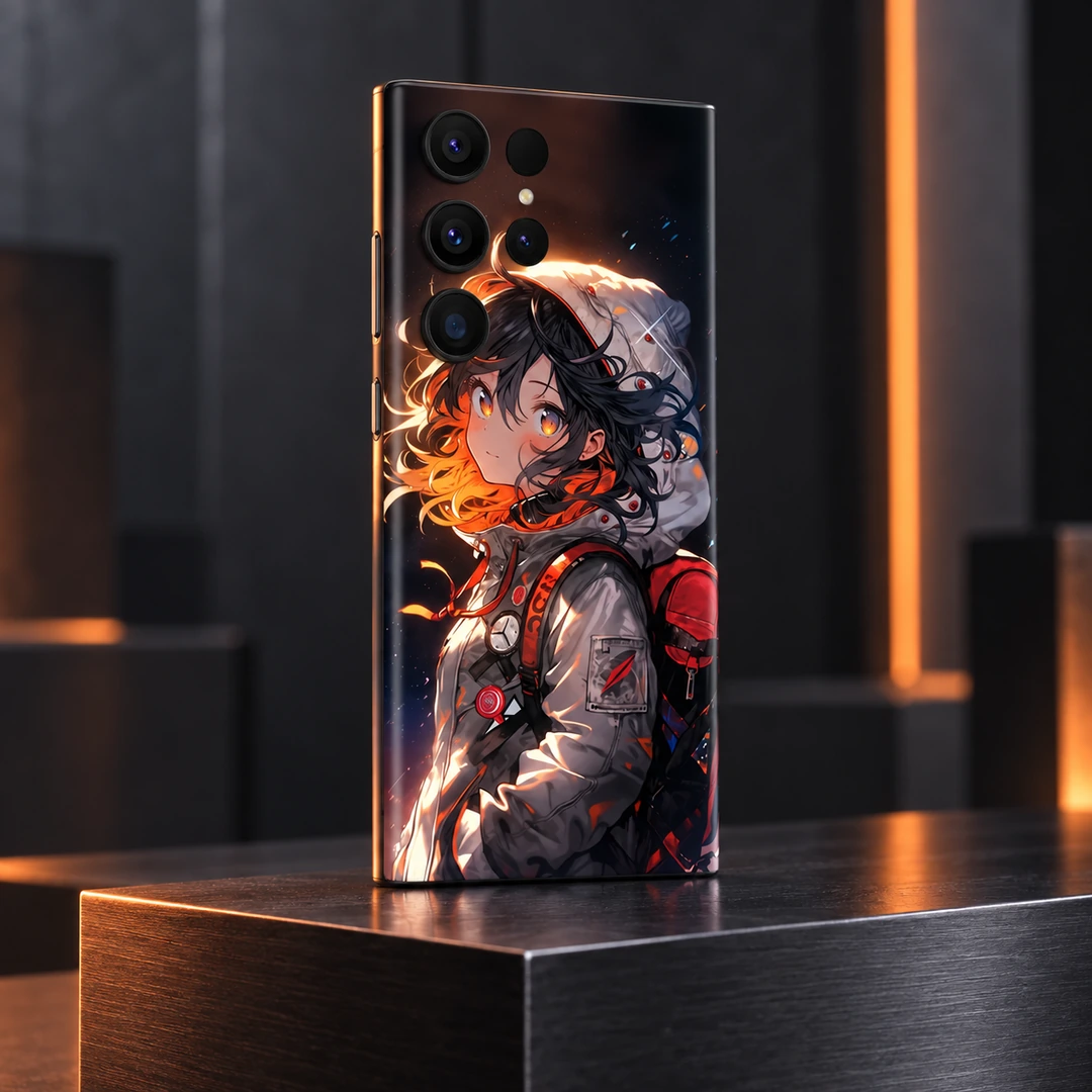 Anime Girl Mobile Skin – Amber Portrait – Angled metal display Anime Girl Mobile Skin with amber portrait and red backpack, angled metal display