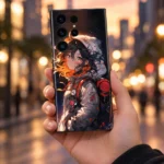 Anime Girl Mobile Skin with amber portrait and red backpack, handheld city view
