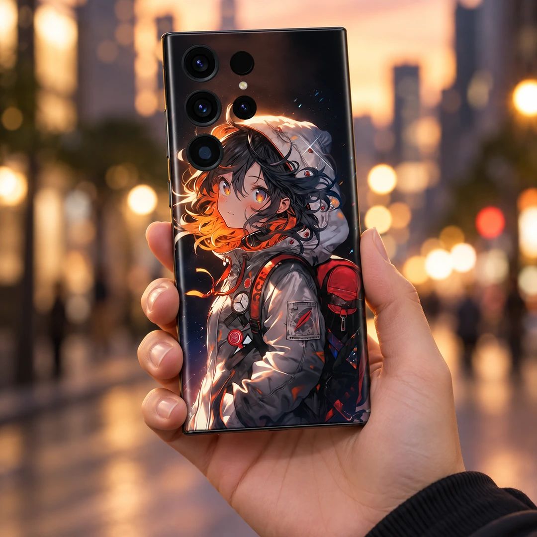 Anime Girl Mobile Skin – Amber Portrait – Handheld city view Anime Girl Mobile Skin with amber portrait and red backpack, handheld city view