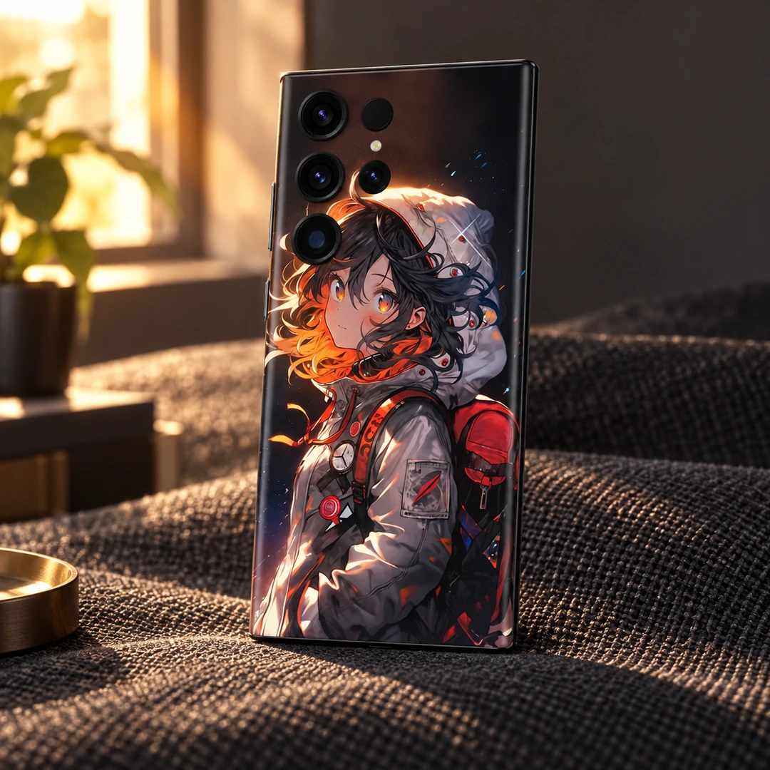 Anime Girl Mobile Skin – Amber Portrait – Warm window detail Anime Girl Mobile Skin with amber portrait and red backpack, warm window detail