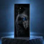 Dark Arctic Wolf portrait mobile skin with detailed grey fur and one vivid blue eye, steel blue studio hero