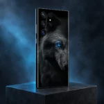 Dark Arctic Wolf portrait mobile skin with detailed grey fur and one vivid blue eye, graphite studio angle