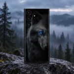 Dark Arctic Wolf portrait mobile skin with detailed grey fur and one vivid blue eye, misty forest setting