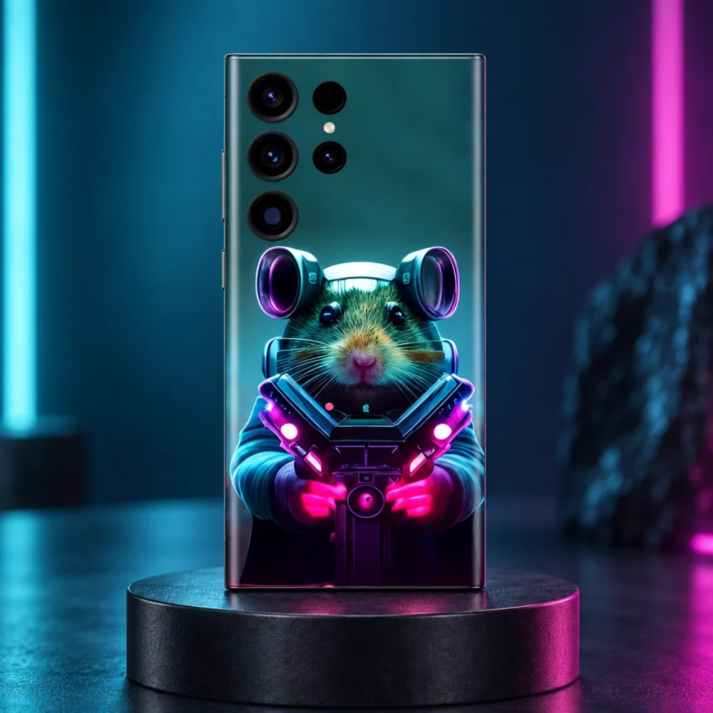 Astronaut Mouse Mobile Skin showing the neon mouse portrait in a teal studio hero photograph