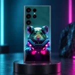 Astronaut Mouse Mobile Skin showing the neon mouse portrait in a teal studio hero photograph