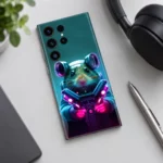 Astronaut Mouse Mobile Skin showing the neon mouse portrait in a tech desk flat lay photograph