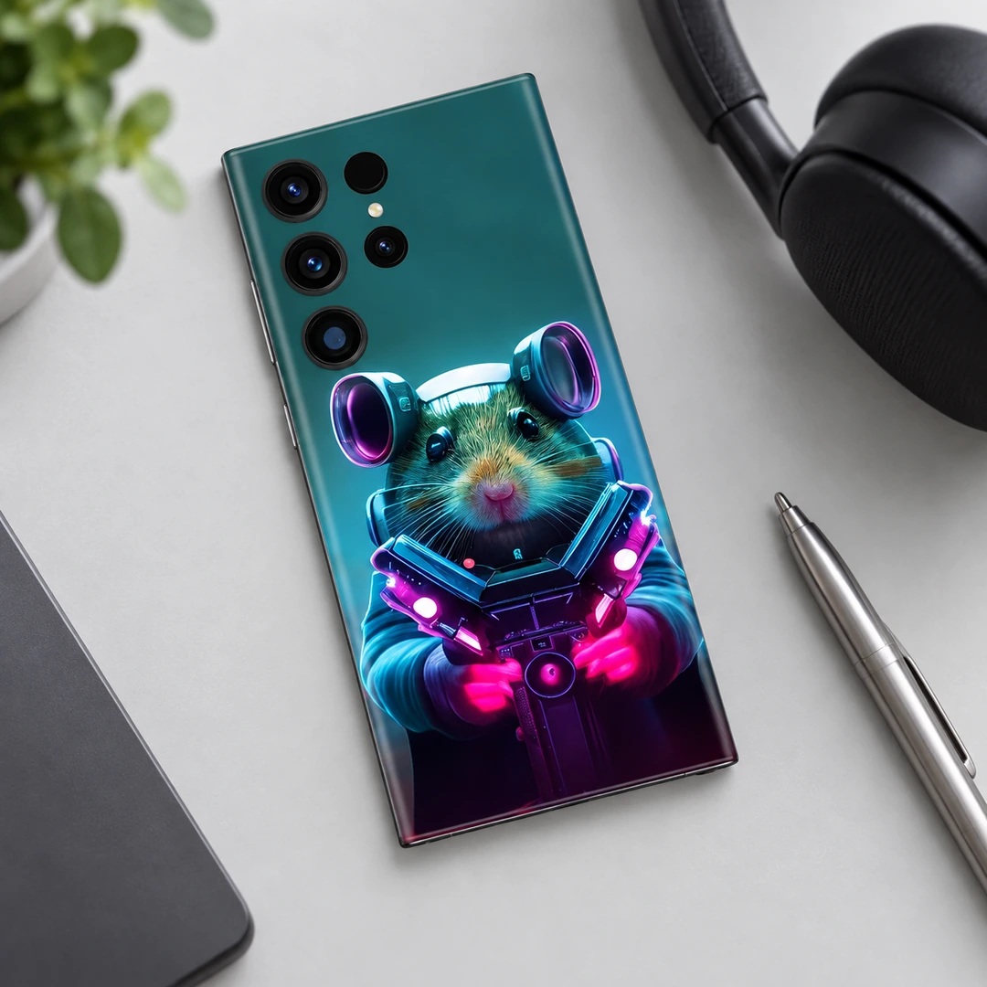 Astronaut Mouse Mobile Skin – Tech desk flat lay Astronaut Mouse Mobile Skin showing the neon mouse portrait in a tech desk flat lay photograph
