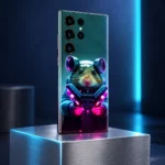 Astronaut Mouse Mobile Skin showing the neon mouse portrait in a aluminum pedestal angle photograph