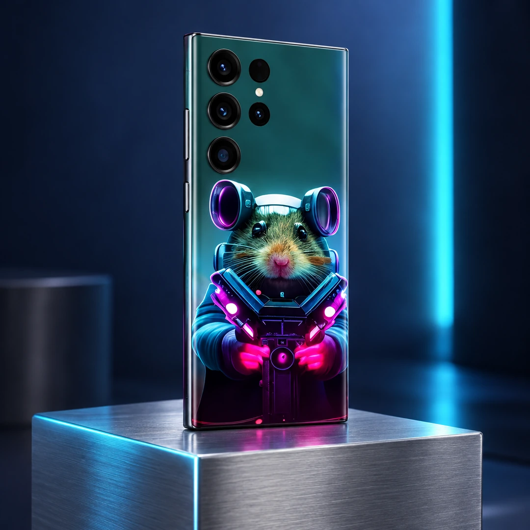 Astronaut Mouse Mobile Skin – Aluminum pedestal angle Astronaut Mouse Mobile Skin showing the neon mouse portrait in a aluminum pedestal angle photograph