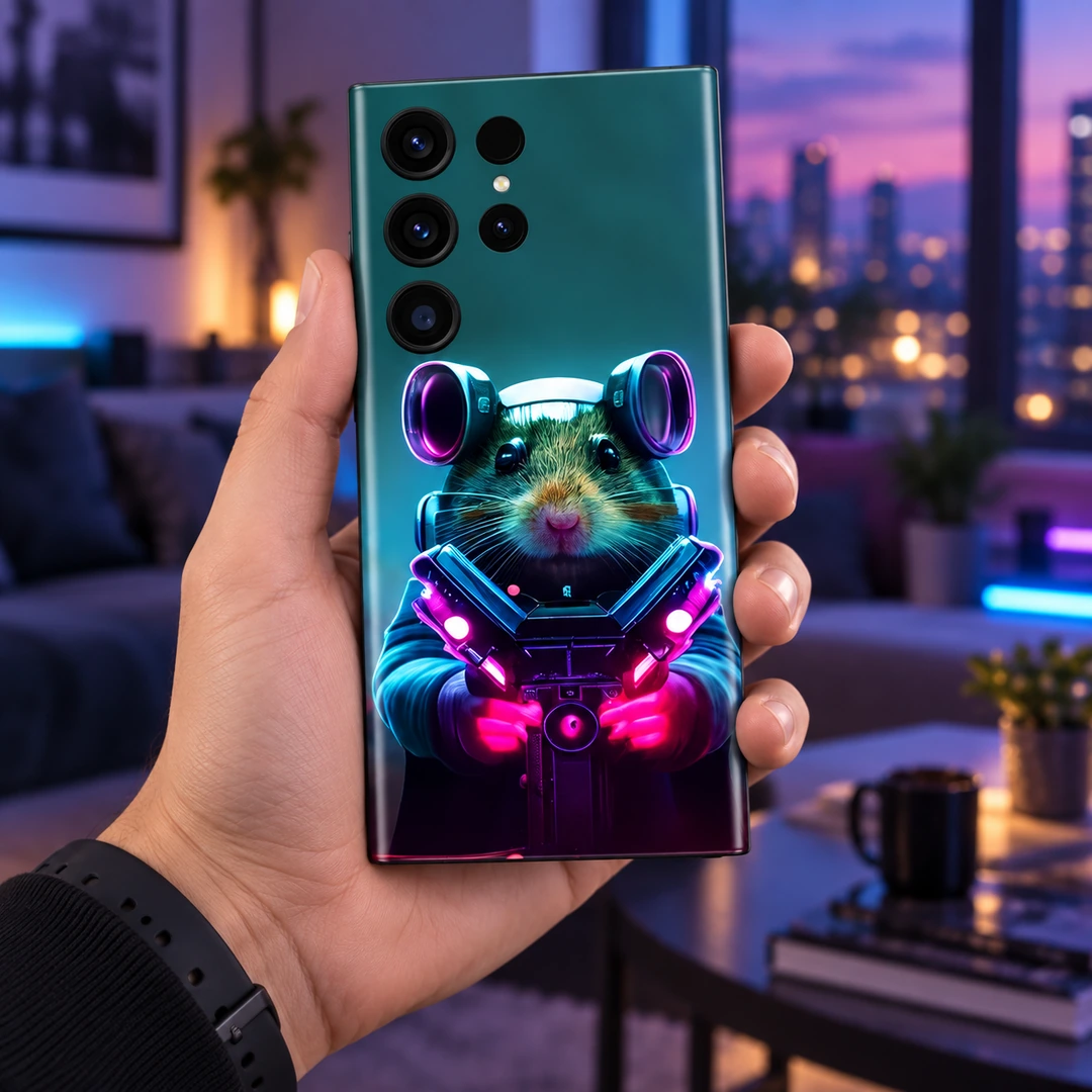 Astronaut Mouse Mobile Skin – Twilight handheld Astronaut Mouse Mobile Skin showing the neon mouse portrait in a twilight handheld photograph