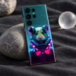 Astronaut Mouse Mobile Skin showing the neon mouse portrait in a stone and fabric editorial photograph