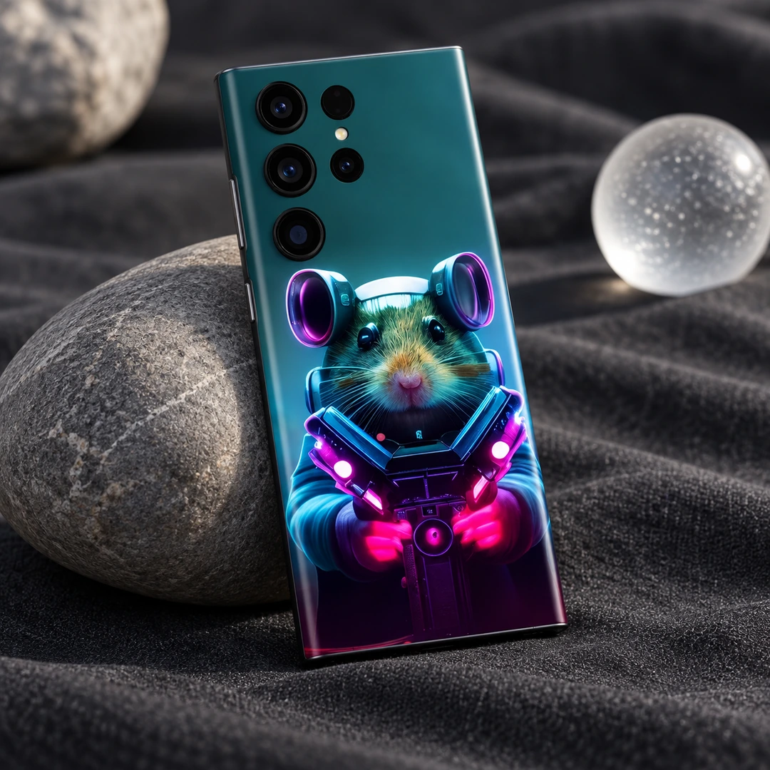 Astronaut Mouse Mobile Skin – Stone and fabric editorial Astronaut Mouse Mobile Skin showing the neon mouse portrait in a stone and fabric editorial photograph