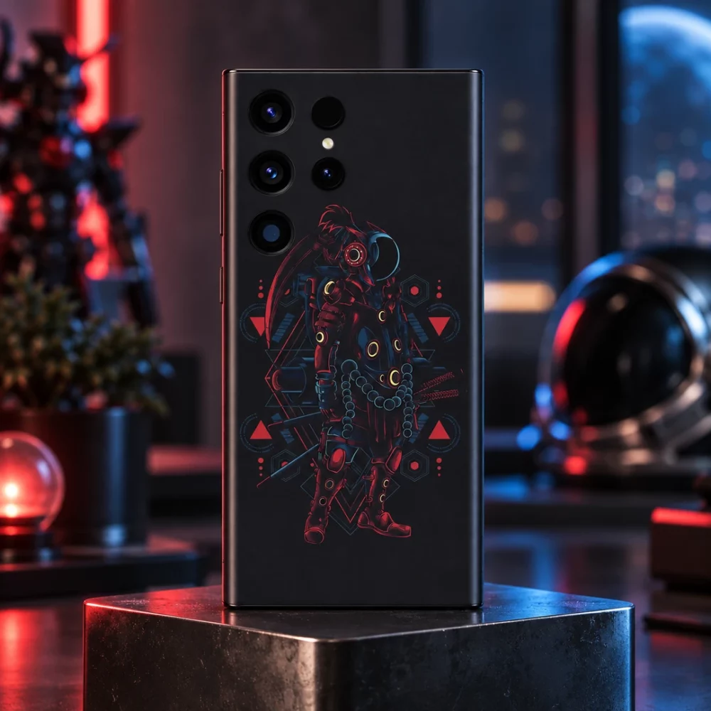 Astronaut Ronin Warrior dark mobile skin with red blue armor and geometric motifs, futuristic desk hero