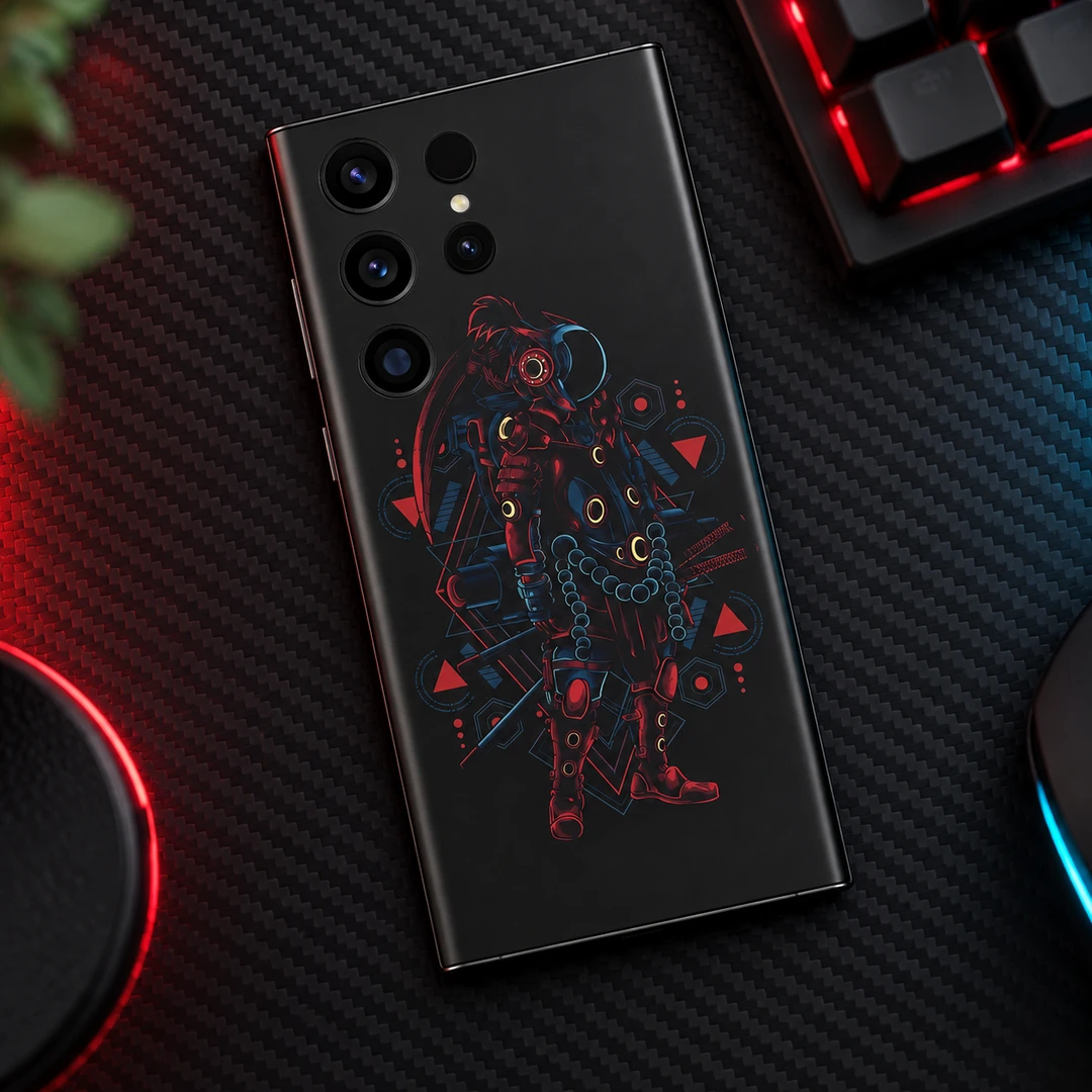Astronaut Ronin Warrior Mobile Skin - Carbon Flatlay Astronaut Ronin Warrior dark mobile skin with red blue armor and geometric motifs, carbon flatlay