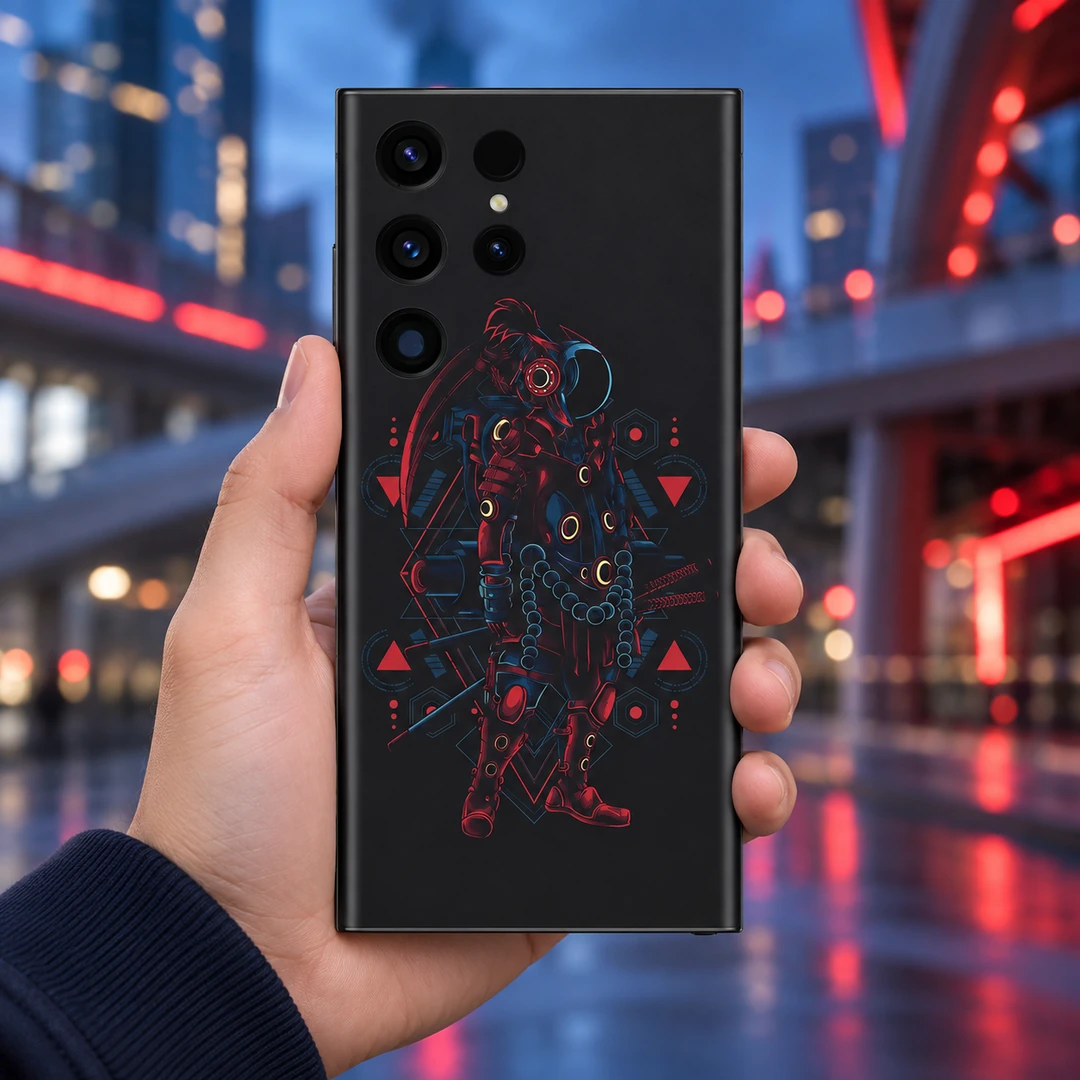 Astronaut Ronin Warrior Mobile Skin - City Handheld Astronaut Ronin Warrior dark mobile skin with red blue armor and geometric motifs, city handheld