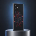 Astronaut Ronin Warrior dark mobile skin with red blue armor and geometric motifs, metal pedestal angle