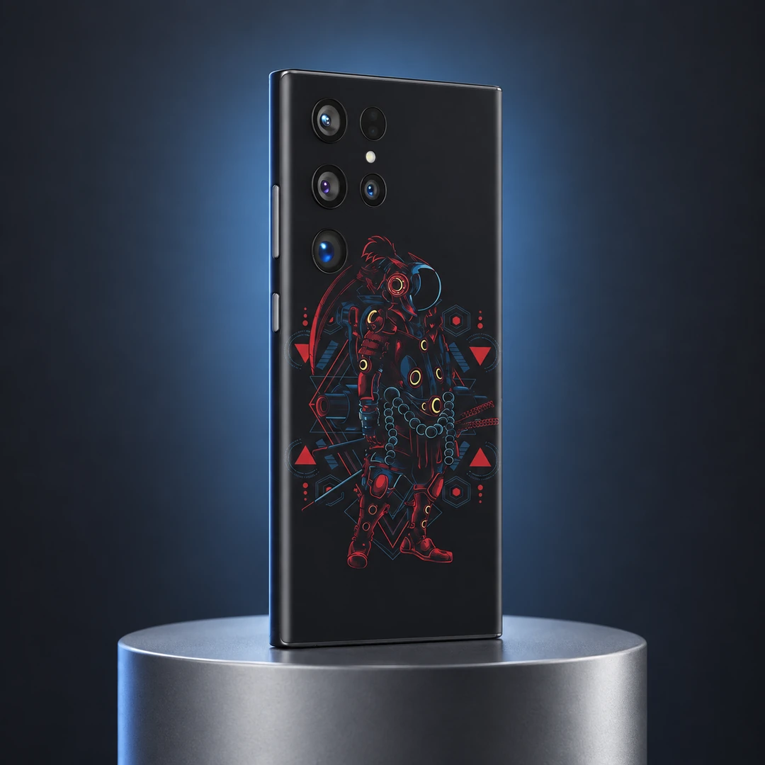 Astronaut Ronin Warrior Mobile Skin - Metal Pedestal Angle Astronaut Ronin Warrior dark mobile skin with red blue armor and geometric motifs, metal pedestal angle