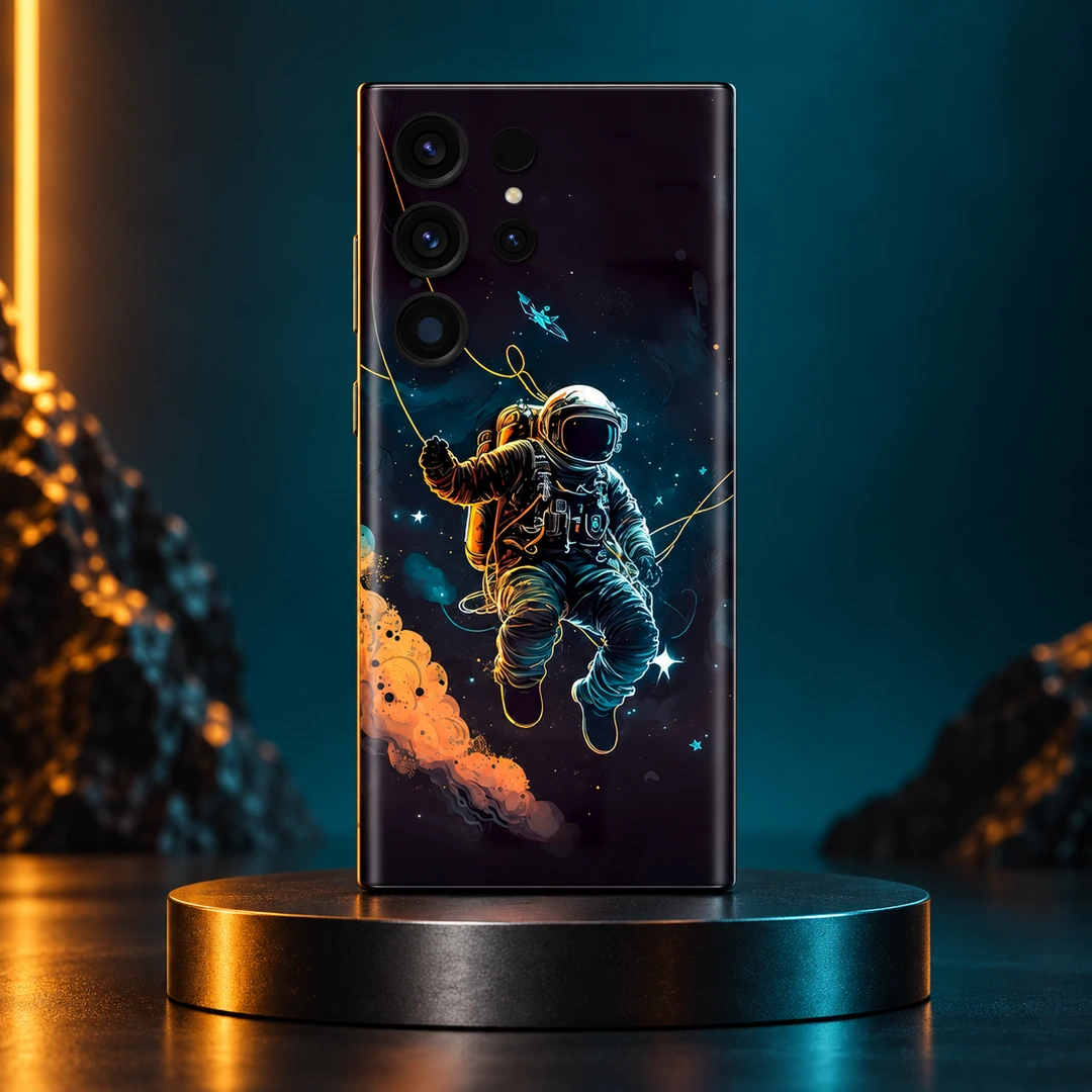 Astronaut Spacewalk Mobile Skin - Cyan and amber studio hero Astronaut Spacewalk Mobile Skin shown cyan and amber studio hero
