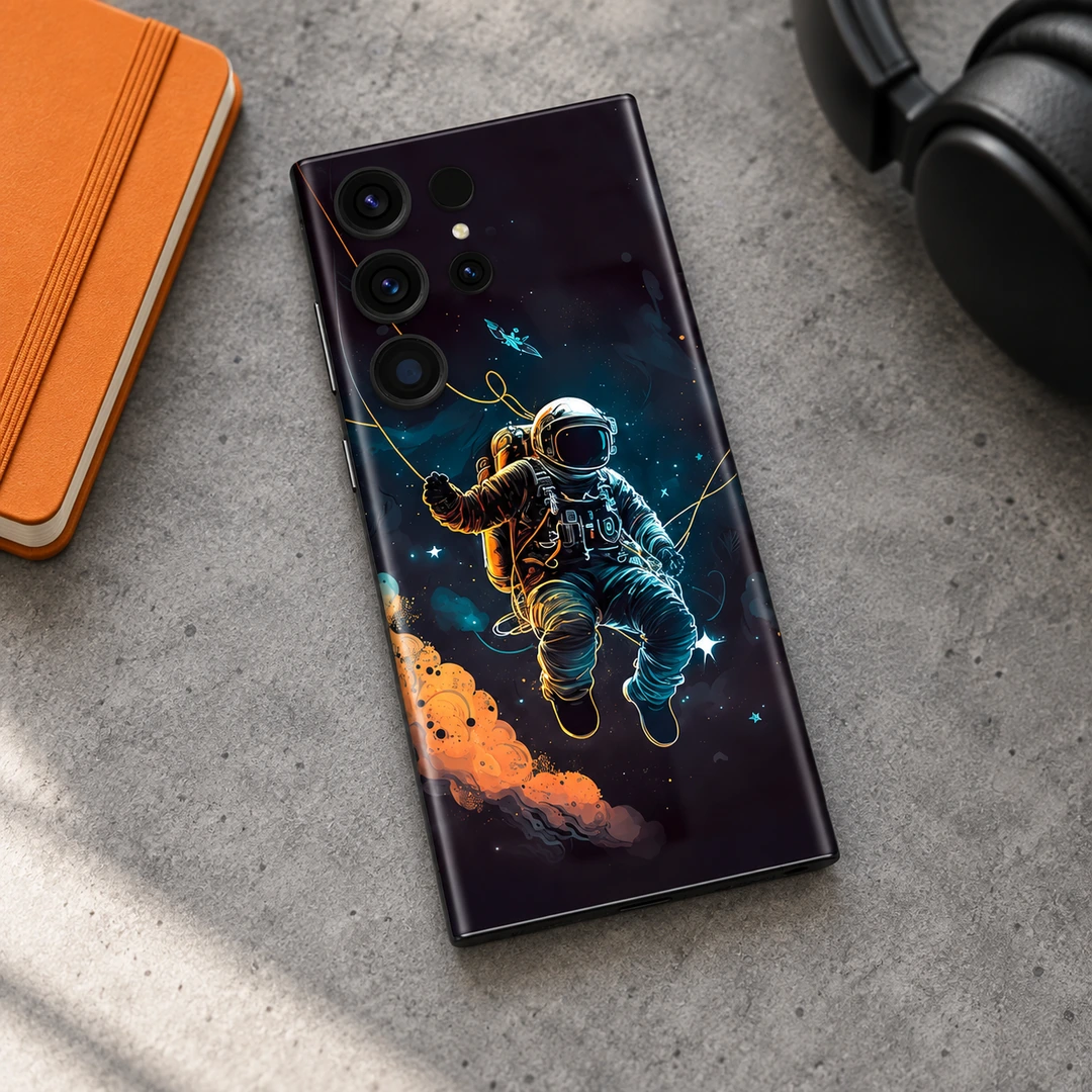 Astronaut Spacewalk Mobile Skin - Concrete desk flat lay Astronaut Spacewalk Mobile Skin shown concrete desk flat lay