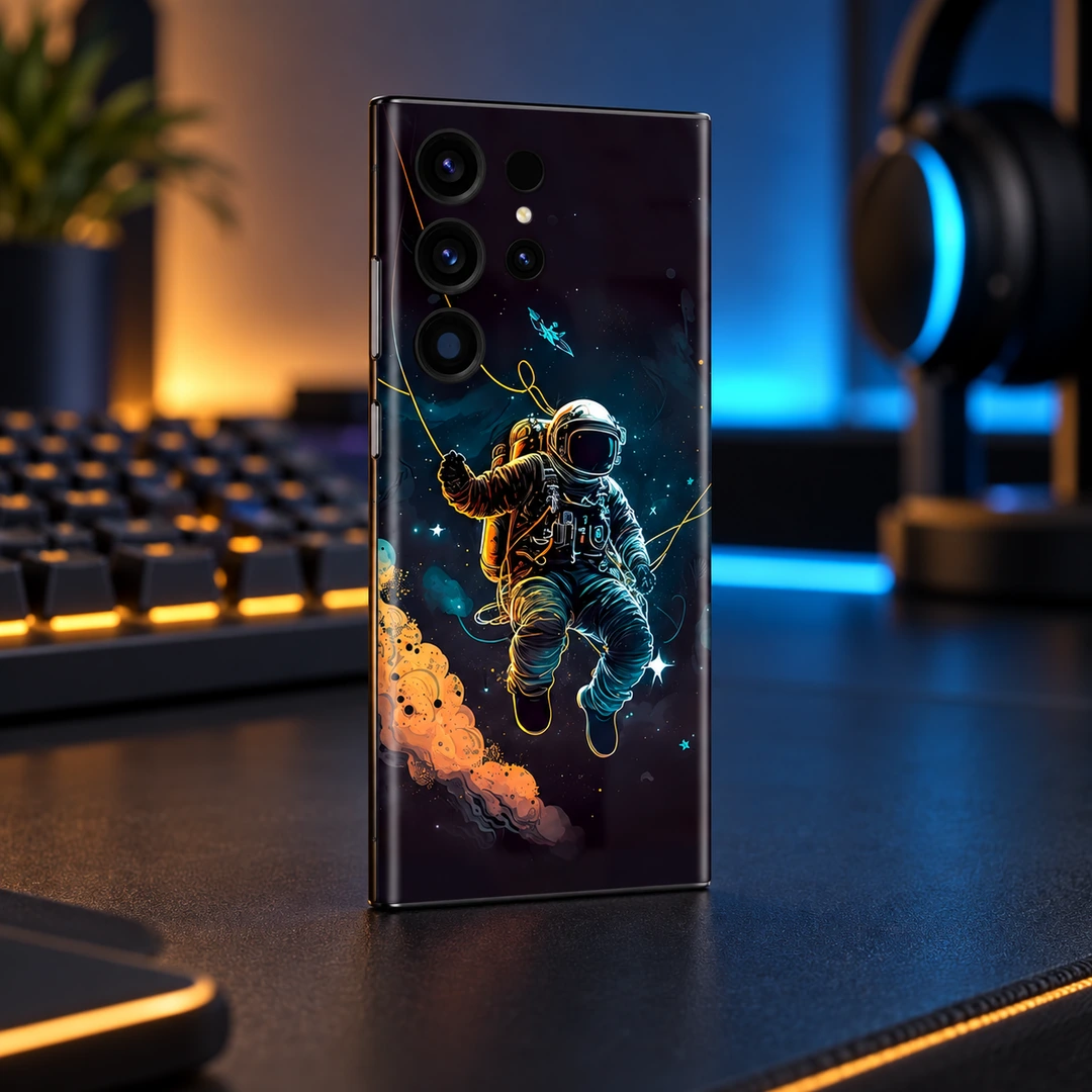 Astronaut Spacewalk Mobile Skin - Angled tech desk view Astronaut Spacewalk Mobile Skin shown angled tech desk view