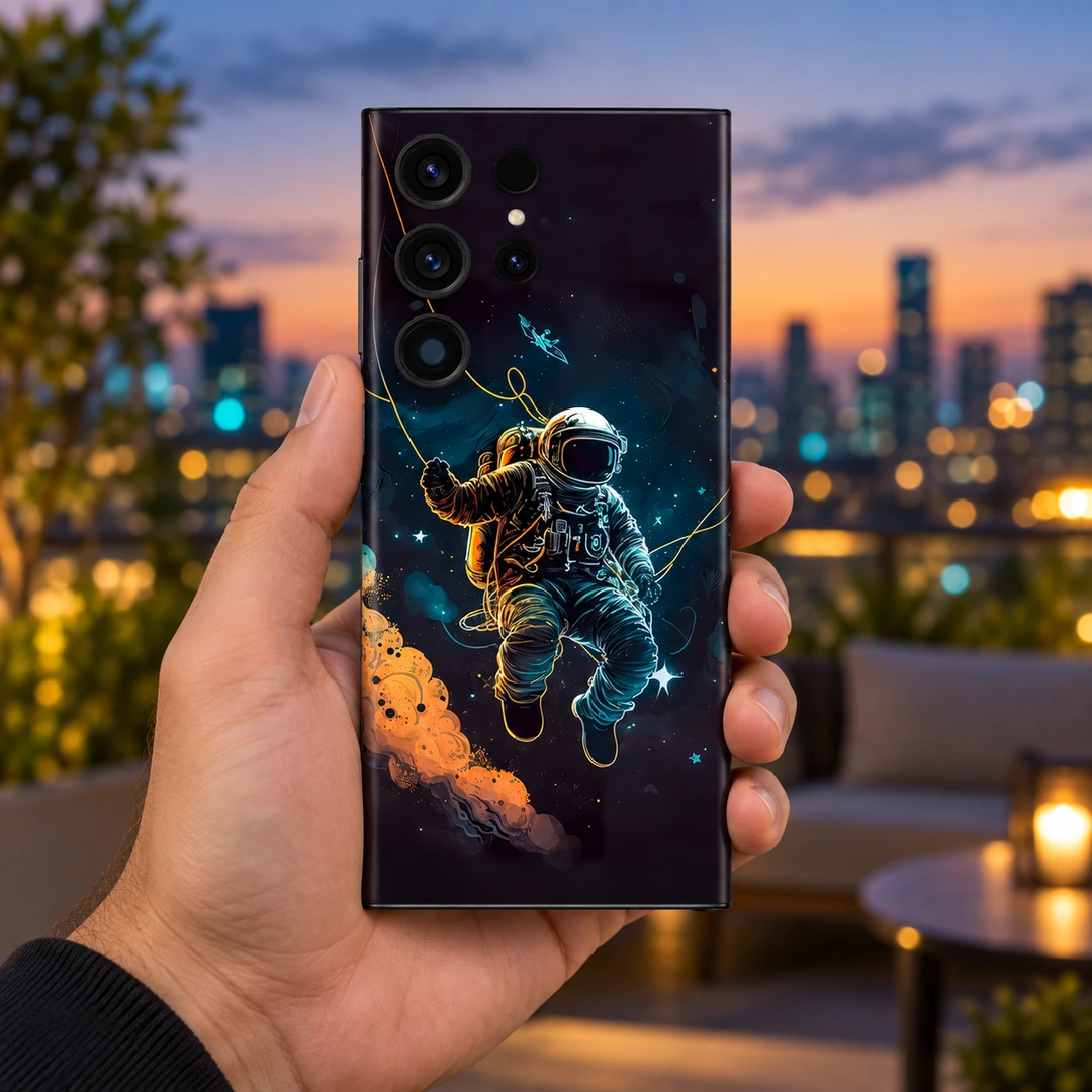 Astronaut Spacewalk Mobile Skin - Handheld twilight view Astronaut Spacewalk Mobile Skin shown handheld twilight view