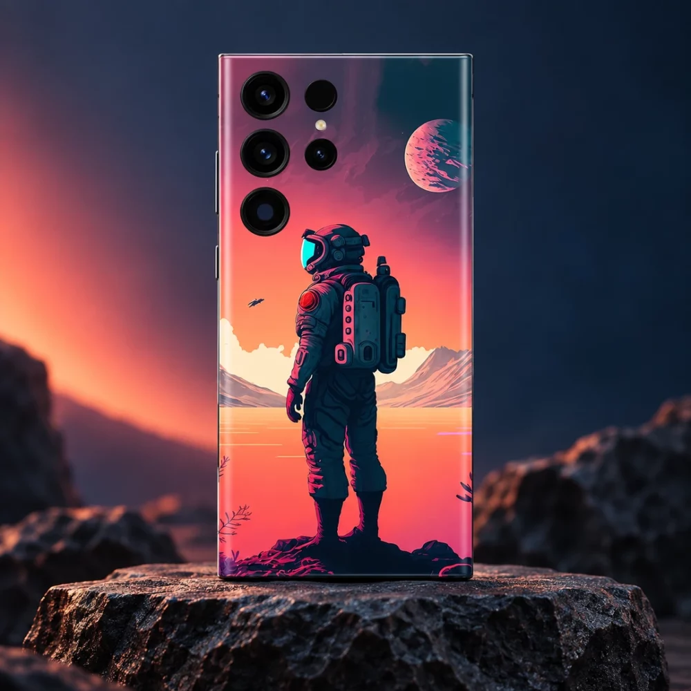 Astronaut mobile skin showing a standing explorer against coral skies and a pink planet, cosmic studio hero