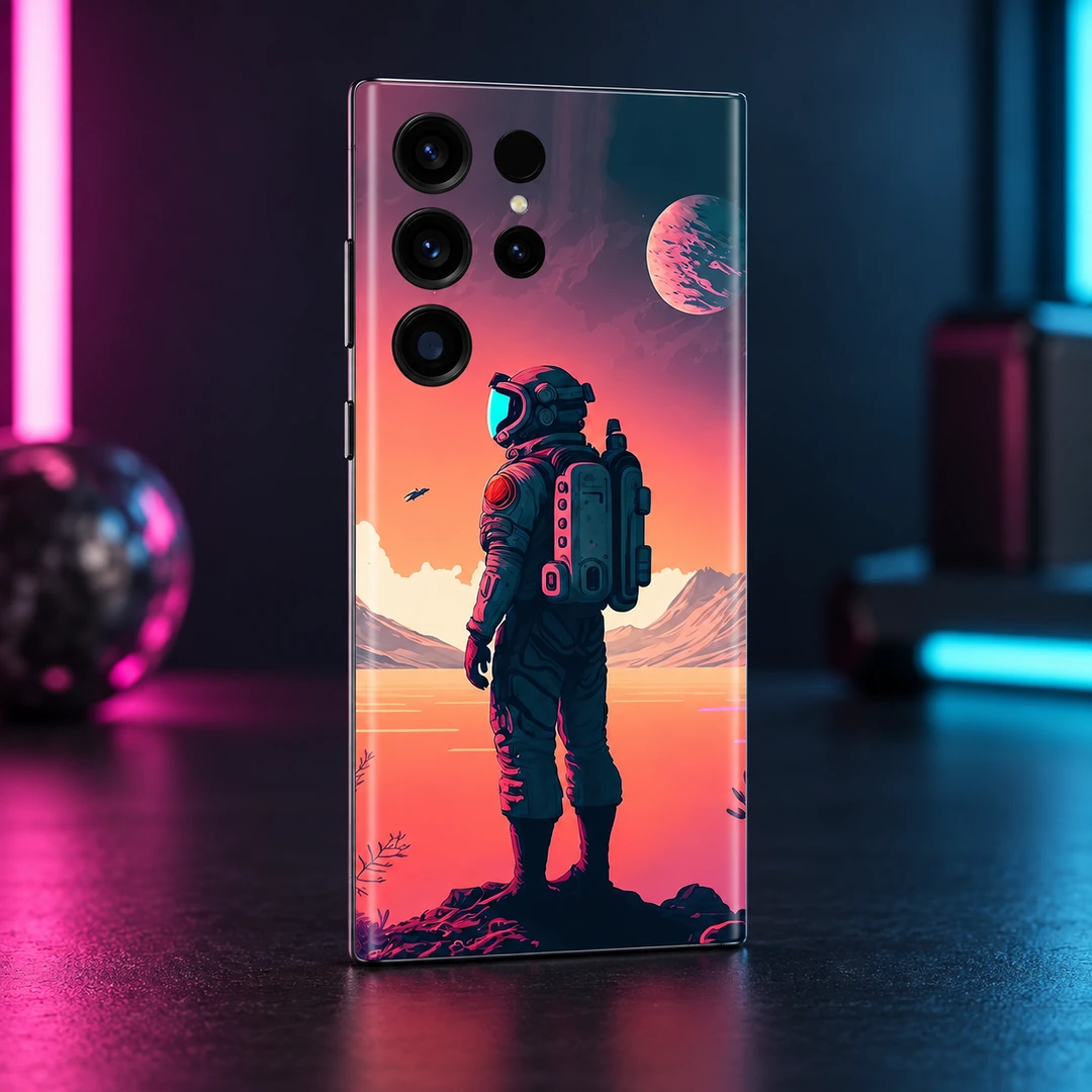 Astronaut Standing Sunset Mobile Skin - neon desk angle Astronaut mobile skin showing a standing explorer against coral skies and a pink planet, neon desk angle