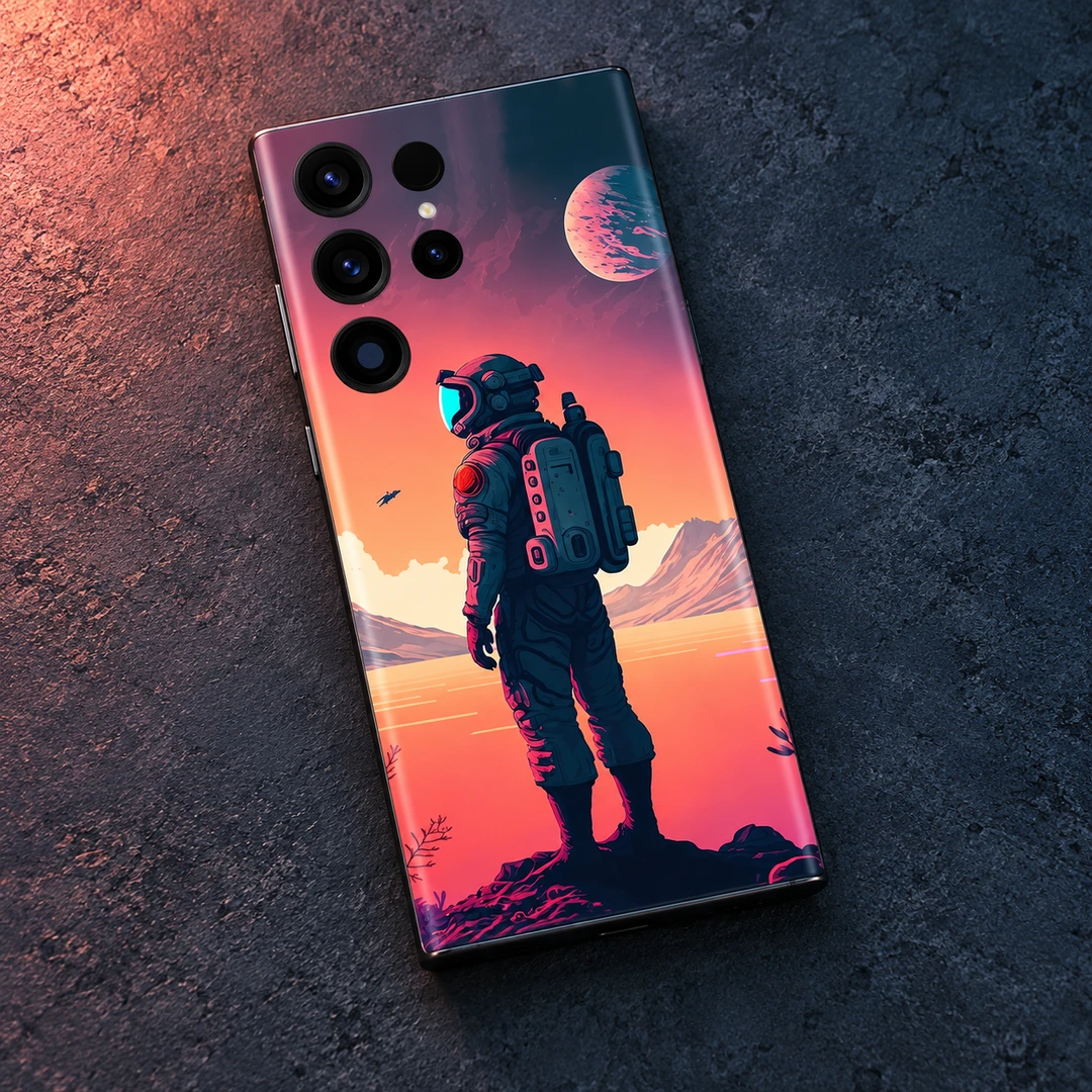 Astronaut Standing Sunset Mobile Skin - concrete flat lay Astronaut mobile skin showing a standing explorer against coral skies and a pink planet, concrete flat lay