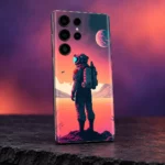 Astronaut mobile skin showing a standing explorer against coral skies and a pink planet, violet slate angle