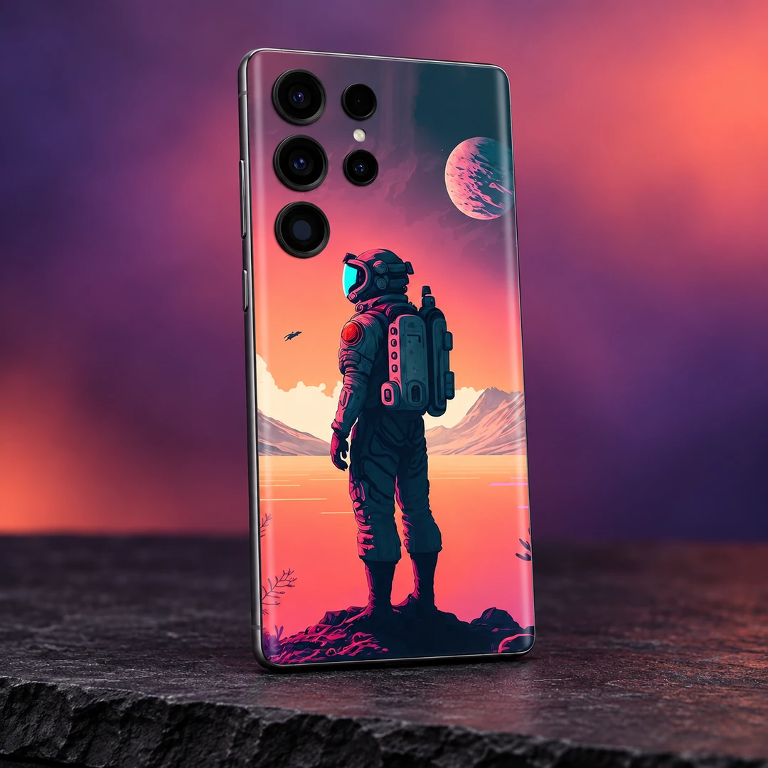 Astronaut Standing Sunset Mobile Skin - violet slate angle Astronaut mobile skin showing a standing explorer against coral skies and a pink planet, violet slate angle