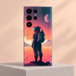 Astronaut mobile skin showing a standing explorer against coral skies and a pink planet, peach pedestal view