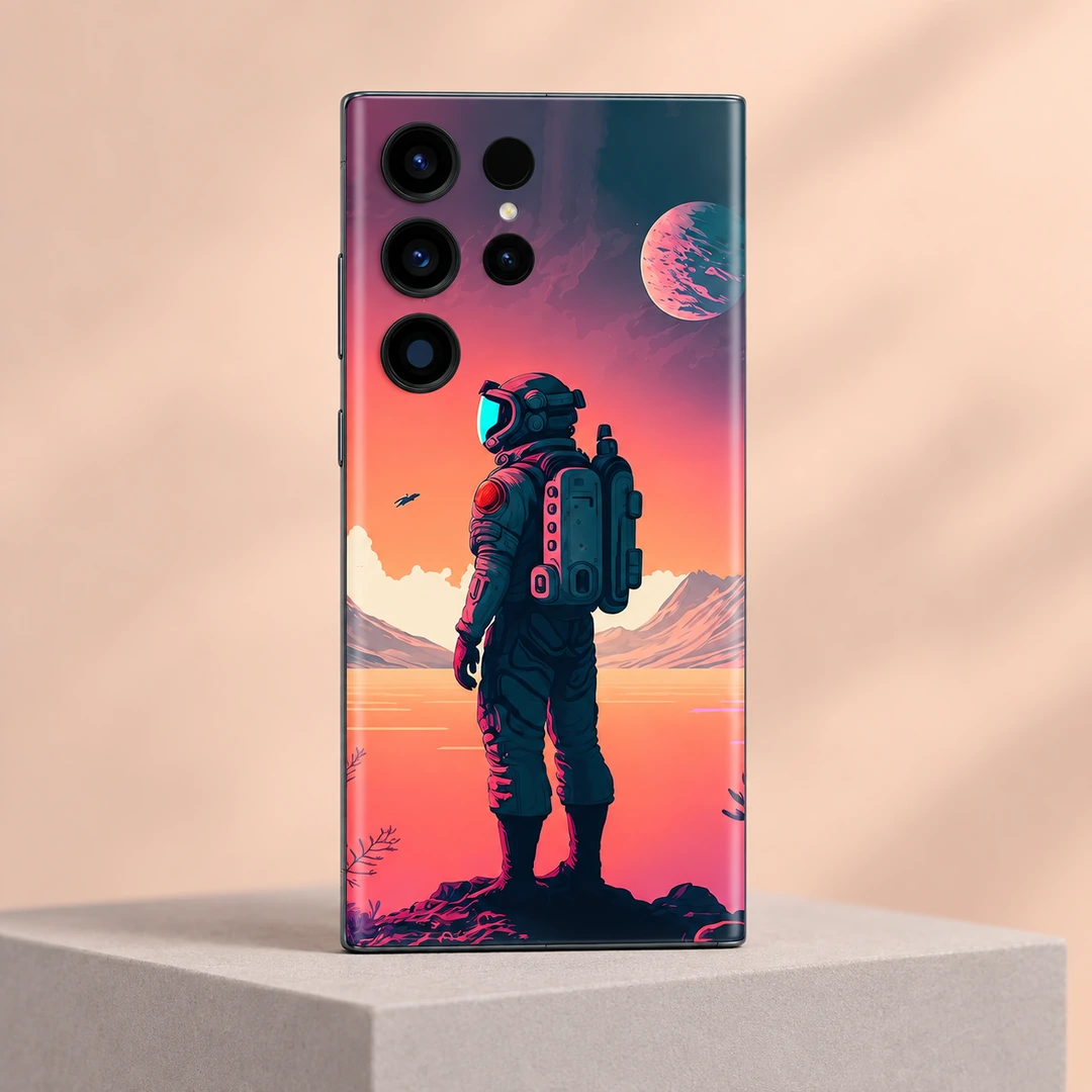 Astronaut Standing Sunset Mobile Skin - peach pedestal view Astronaut mobile skin showing a standing explorer against coral skies and a pink planet, peach pedestal view
