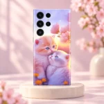 Pastel mobile skin showing two cuddling kittens and pink blossoms, blush pedestal hero