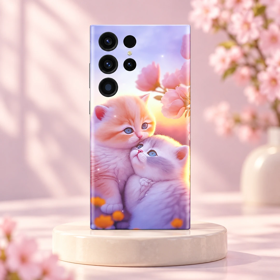 Awesome Cats Mobile Skin - Blush pedestal hero Pastel mobile skin showing two cuddling kittens and pink blossoms, blush pedestal hero