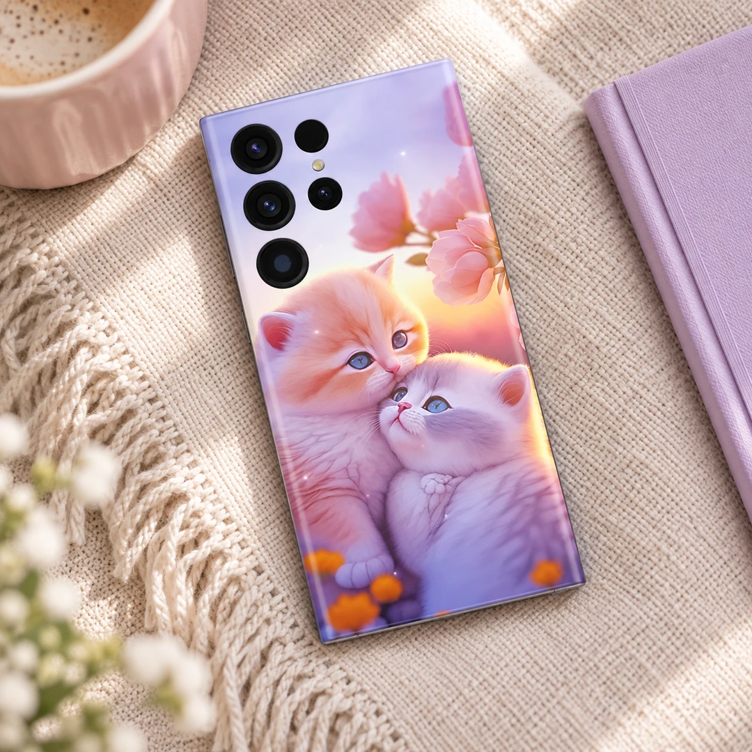Awesome Cats Mobile Skin - Cozy linen flat lay Pastel mobile skin showing two cuddling kittens and pink blossoms, cozy linen flat lay