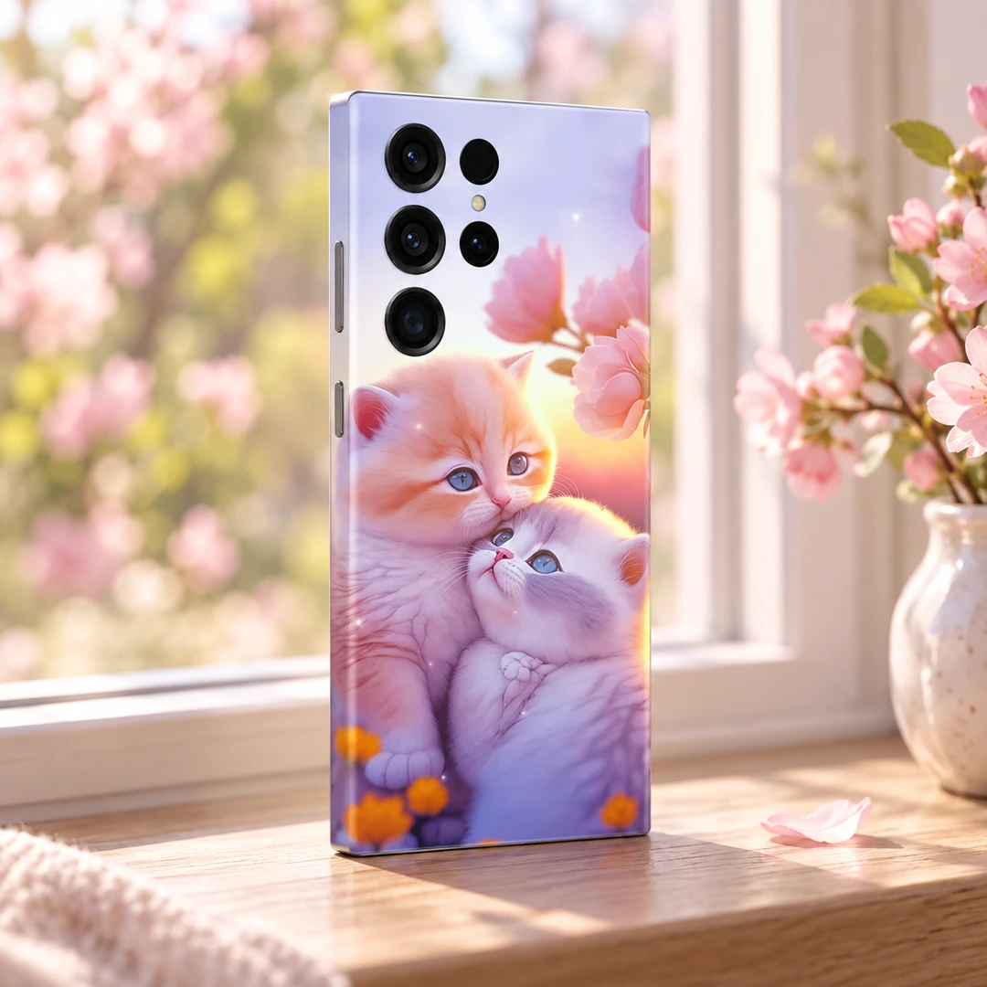 Awesome Cats Mobile Skin - Spring windowsill angle Pastel mobile skin showing two cuddling kittens and pink blossoms, spring windowsill angle